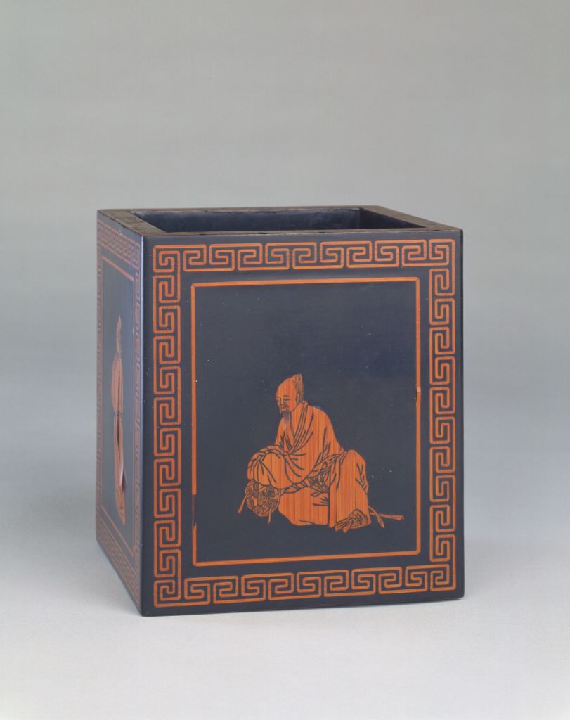 图片[1]-Black lacquer square pen holder inlaid with asparagus figure pattern-China Archive